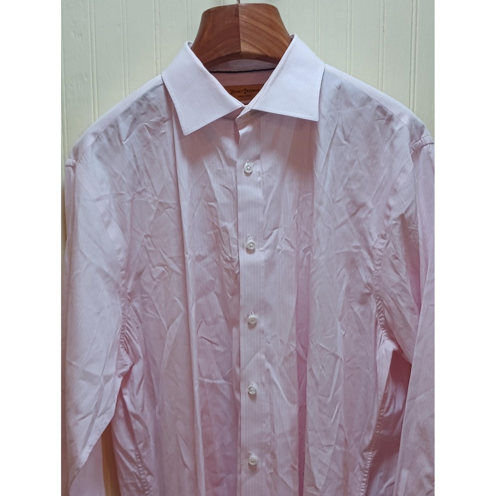 Hickey Freeman Shirt Mens 17.5 34/35 Pink‎ Stripe Contemporary Fit Dress Cotton